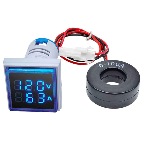 LED Display Voltmeter, Voltage Tester Current Detector Voltmeter Ammeter AC 50-500V 0-100A Meter Indicator - Voltage Tester Current Detector Round 22mm (Square Blue)