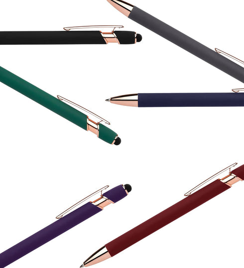 Rose Gold Rubberized Soft Touch Ballpoint Pen with Stylus Tip, Premium Metal, Black Ink, Medium Point (Purple, 7 Pack)