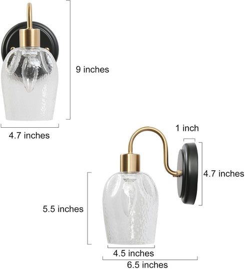 1-Light Durent Lighting Gold Glass Wall Sconce, Modern Black Bathroom Wall Lamp