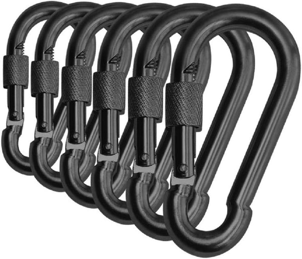 Black & Silver Heavy Duty Bushcraft Locking Thumb Screw Closure, Zinc-Galvanized Steel Carabiner Spring Snap Clip