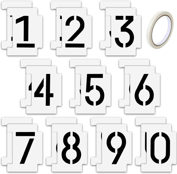 20 Pieces Curb Stencil Kit - 0-9 Numbers Stencils Kit, 14 Mil Plastic, 4 Inch Tall Numbers with Masking Tape