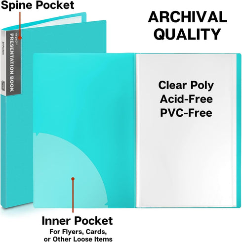 Dunwell 11x17 Portfolio Binder Folder, Aqua, Vertical, with Plastic Sleeves and Poly Cover