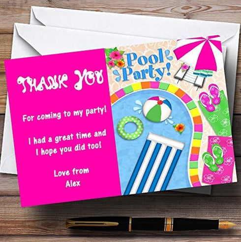 The Card Zoo Hot Pink Summer Swimming Pool Beach Personalized Party Thank You Cards