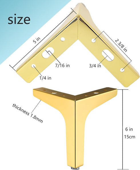 6 inch Set 4, Gold Metal Furniture Legs of Triangle Metal Furniture Feet, DIY Replacement for TV Stand, Sofa, Dresser