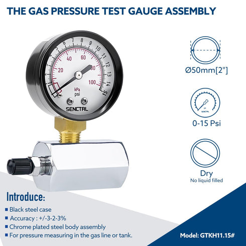 0-15 Psi Gas Pressure Test Gauge, 2" Dial Size, 3/4" FNPT Connection, Brass Valve, Chrome Plated Steel Body Assembly