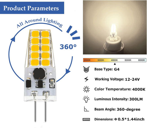 Dimmable G4 LED Bulb 12V 24V JC Tybe,20-30W T3 G4 Halogen Equivalent,4000K Natural White,G4 Bi-Pin Base, 300LM,Chandelier Lighting/Landscape Lighting/Microwave Lighting 10pcs by Greeogin