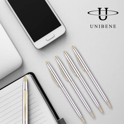 Unibene 6 Pcs Steel & Gold Stainless Steel Ballpoint Pens, Black Ink Medium Point, Slim Metallic Retractable Twist Pens