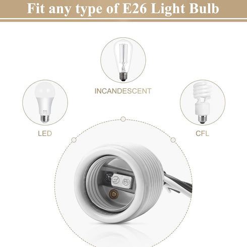 E26 Bulb 6 Inches Bulb, 1 Pack DiCUNO Medium Base Ceramic Light Threaded Socket with White Shade Ring, Standard