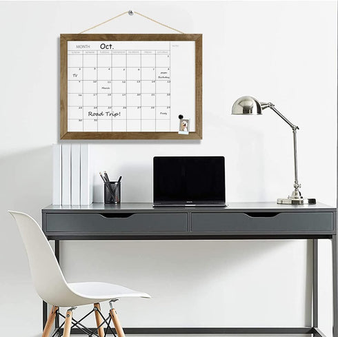 TORASO Dry Erase Monthly Calendar Board, 12"x 16" Magnetic Whiteboard with Solid Pine Rustic Brown Frame