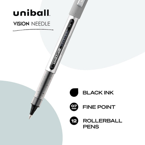 uniball Vision Needle Roller Ball Pen, Stick, Fine 0.7mm, Black Ink, Silver Barrel, Dozen