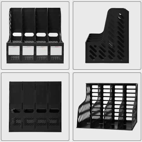 SAYEEC 4 Compartment File Holder, Plastic Magazine Organizer with Blank Labels for A5 Notebook Storage