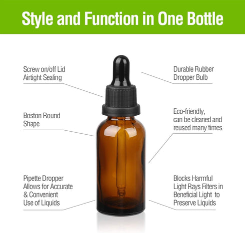 Amber Glass Dropper Bottle with Pipette, 6 X 10ml Refillable Glass Eye Dropper Bottles for Essential Oil