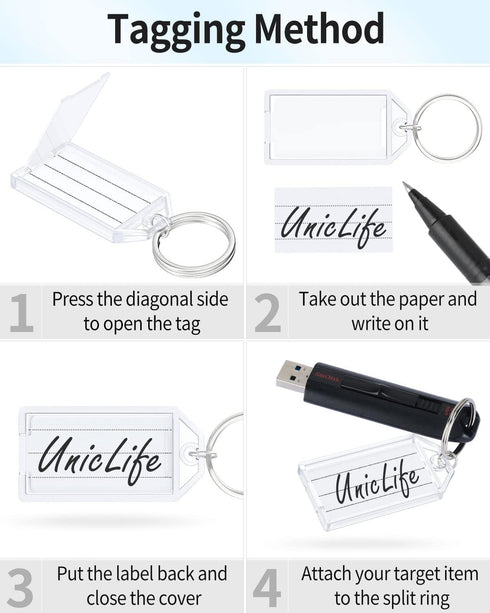 Uniclife 20 Pieces 2 Inch Plastic Key Tags with Ruled Blank Paper Labels, Transparent Covers, and Split Rings