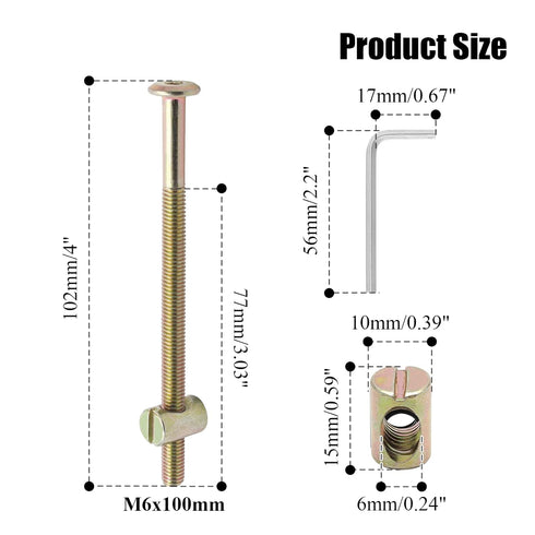 M6 x 100mm Bunk Bed Bolts, Hex Drive Socket Furniture Barrel Screws Bolt Nuts Furniture Crib Baby Bed Bolt with Wrench(12 Pcs)