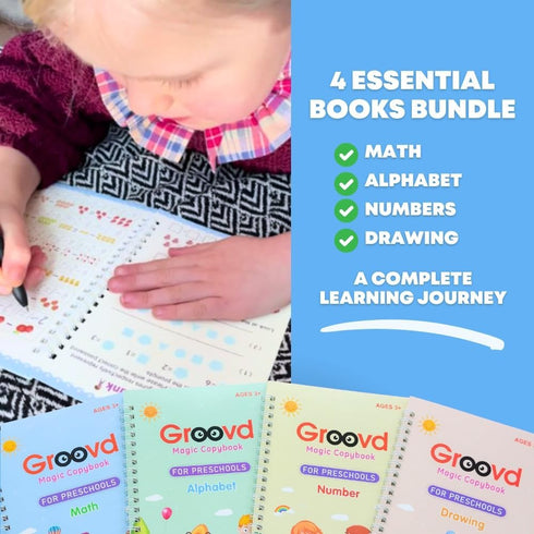 Groovd Set, 4 3-8) Children's Magic Copybooks - Reusable Grooved Writing Books for Kids - Handwriting Practice
