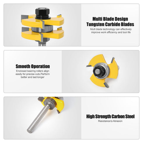 Totowood Set 2 1/4 Inch 3 Set Pro Tongue and Groove Router Bit of Pieces Shank , Teeth Adjustable T Shape Wood Milling