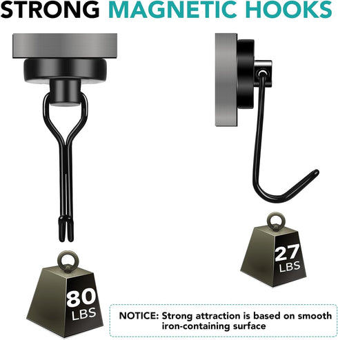DIYMAG 8 Pack Black Magnetic Hooks, 80LBS Heavy Duty Strong Magnet Hooks with Metal Hanger for Home Kitchen Office