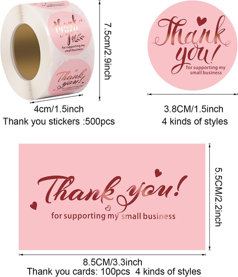 Outus 600 Set Package Pieces Thank You for Supporting My Small Business Cards and Stickers - Pink Gold Foil Thank You