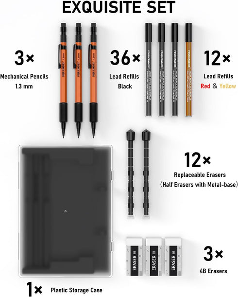 Four Candies 3PCS 1.3mm Mechanical Pencil Set with Case, Metal Heavy Duty Carpenter Pencils, 48 Refill