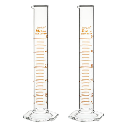stonylab Graduated Cylinder, 2-Pack B Grade Borosilicate Glass with Stable Hexagonal Base, 50 ml