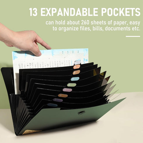 Marte Vanci Expanding File Folder, 13 Pockets Accordion Folder, A4 Letter Size with Elastic Cord Closure and 12 Labels