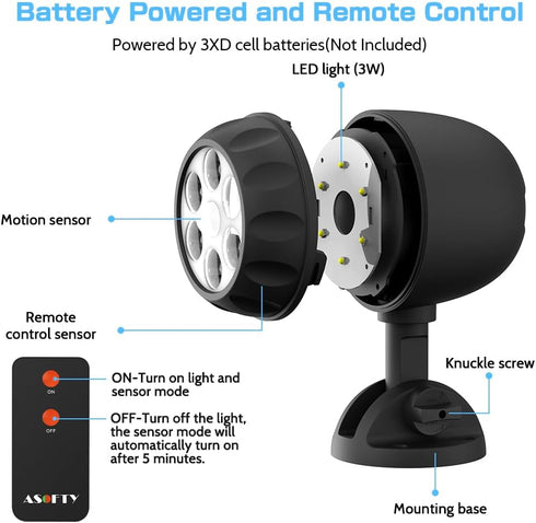6 1000LM IP65 6000K ASOFTY Wireless Battery Operated Motion Sensor Outdoor Light, LED LED Spotlights with Remote