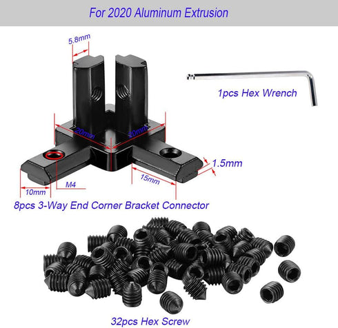 8Sets 3-Way End Corner Bracket Solid Connectors for 2020 Series 6mm Slot Aluminum Profile Accessories(Black)