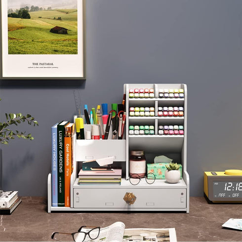Upgraded Desktop Stationary Organizer with Drawer, DIY White Pencil Holder for Home, Office and School Tidy Caddy