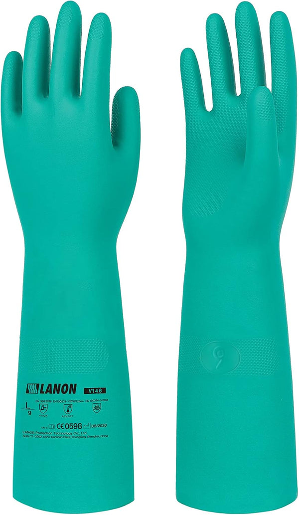 LANON Reusable Heavy Duty Nitrile Chemical Resistant Gloves, 18" Length, Non-Slip, Large, Acid, Alkali, Oil Protection