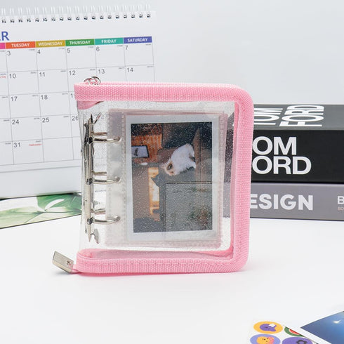 Mini Kpop Binder, Business Card Holder, Photocard Collector, 3-Ring Pink Zipper Clear PVC Cover