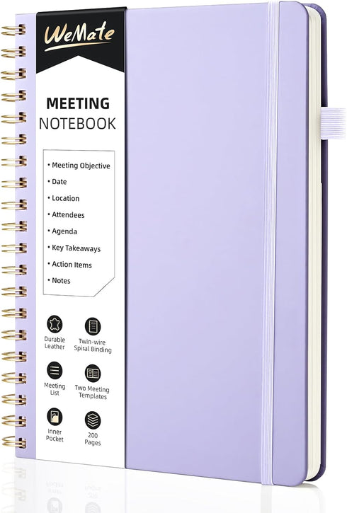 WEMATE Simplified Meeting Notebook, 200 Pages with Action Items, PU Leather Hardcover for Project Planner - Light Purple
