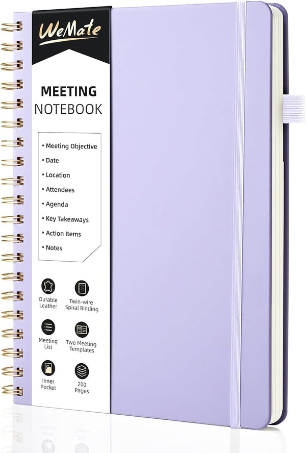 WEMATE Simplified Meeting Notebook, 200 Pages with Action Items, PU Leather Hardcover for Project Planner - Light Purple