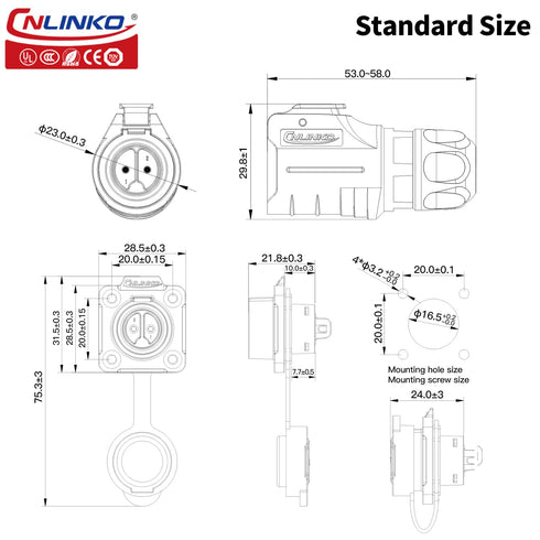CNLINKO LP-16 IP68 Industrial Waterproof Connector Quick Plug Circular Connector M16 2-9 Pin Flange Socket (3 Pin)