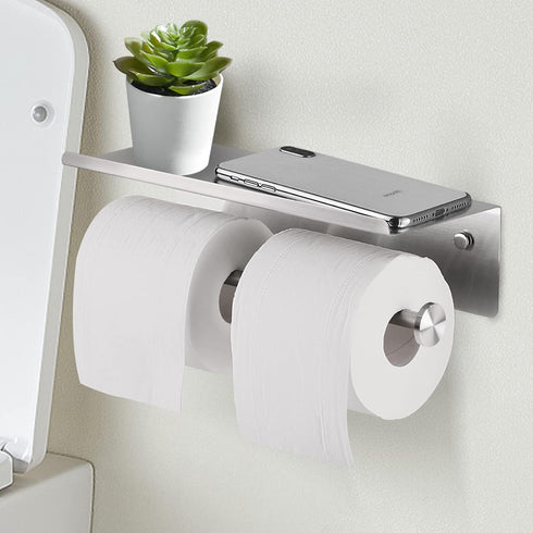304 YUMORE Toilet Paper Holder, Stainless Steel Bathroom Double Roll Tissue Holder with Shelf, Wall Mounted Washroom