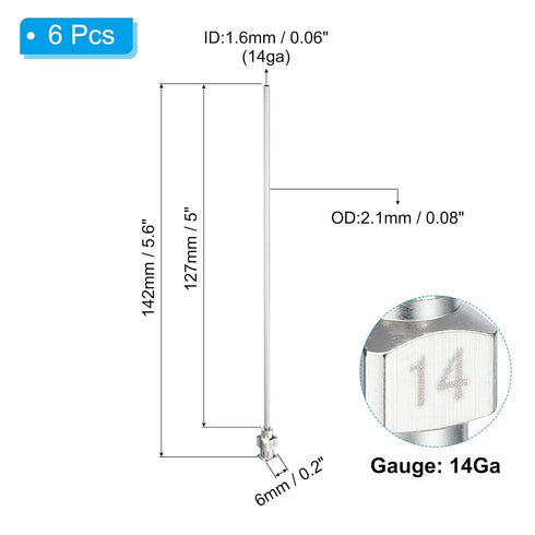 PATIKIL 14Ga x 5 Inch Stainless Steel Dispensing Needle Tips, 6Pcs Metal Glue Needle Tube Blunt Tips Luer Lock for Thick Glue Ink Lab, Silver