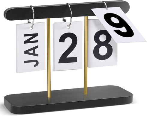 Roucerlin Wood & Metal Perpetual Flip Calendar, Reusable Wooden Desk Calendar Standing Flip,