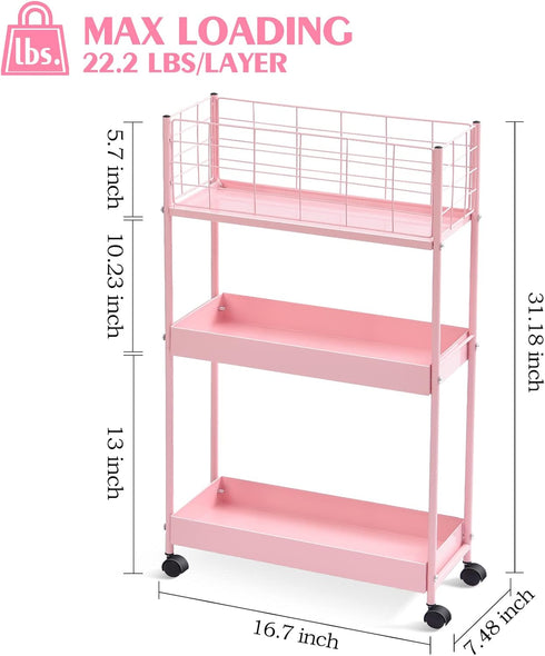 KINGRACK 3-Tier Rolling Utility Cart with Wheels, Metal Slim Storage Organizer for Kitchen, Office, Pink