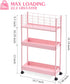 KINGRACK 3-Tier Rolling Utility Cart with Wheels, Metal Slim Storage Organizer for Kitchen, Office, Pink