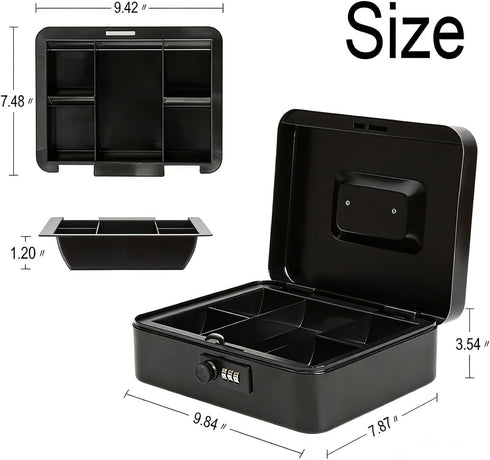 9.84" 7.87" 3.54", Decaller Large Cash Box with Combination Lock, Metal Money Box with Removable Tray, x x Black