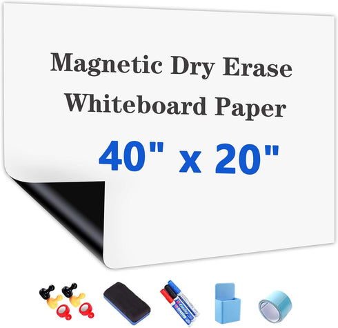 Magnetic White Board Paper, 40"x 20" Dry Erase Board Set for Wall with Marker, Eraser, and Magnets for Office