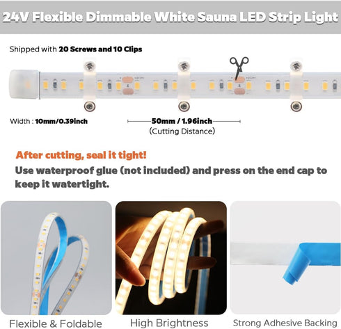 SLL HUT DC24V 3000K 5m 16.4ft 120 IP68 (3000K SuperlightingLED White LED Strip for Sauna Lighting, Flexible Long LEDs/m