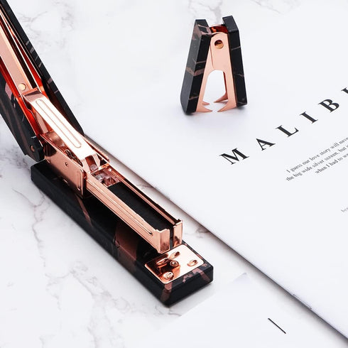 Office Stapler Set, Marble Black Print Rose Gold Tone Manual Staplers and Staples Remover Tool for Desktop Accessories