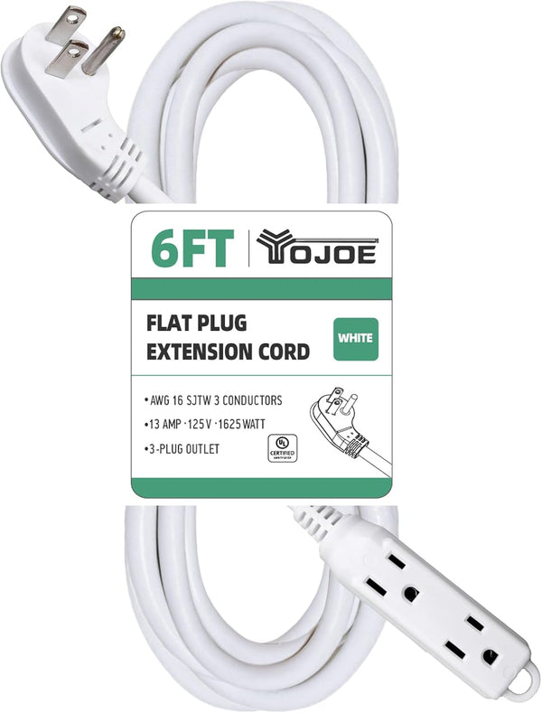 YOJOE 6 ft Flat Plug Extension Cord, 3 Prong with 3 Outlets, 16/3 SJTW Heavy Duty for Kitchen, Office, UL Listed, White