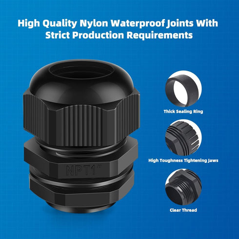 Cable Gland 2 Pack 1" NPT Waterproof Adjustable Connector Strain Relief Cord Connectors with Gaskets
