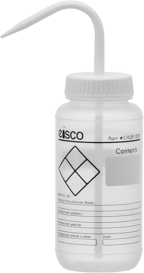 EISCO 500ml Chemical Wash Bottle, Wide Mouth, Self Venting, Low Density Polyethylene for Performance Plastics Labs
