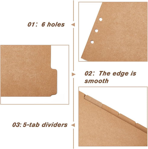 SUPERFINDINGS 20 Sheets A5 Kraft Paper Binder Dividers, 5-Tab/6-Hole Cover Ring Binder