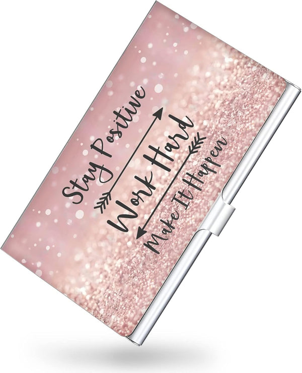 Business Card Holder, Color Printing Ultra-thin Metal Case, Pocket Wallet Organizer for Men and Women, Pink Letters