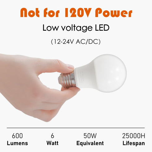 12V LED Bulb 6W (50W Equivalent), Daylight 5000K, 12V-24V AC/DC, 600 Lumens, Non-Dimmable, A19 E26 Base, Pack of 6