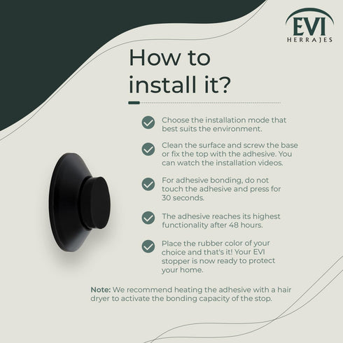 Evi Herrajes Adhesive Door Stop | Wall Mounting | 1.37x0.59" | Black Lacquered Stainless Steel | Conical Shape | Two
