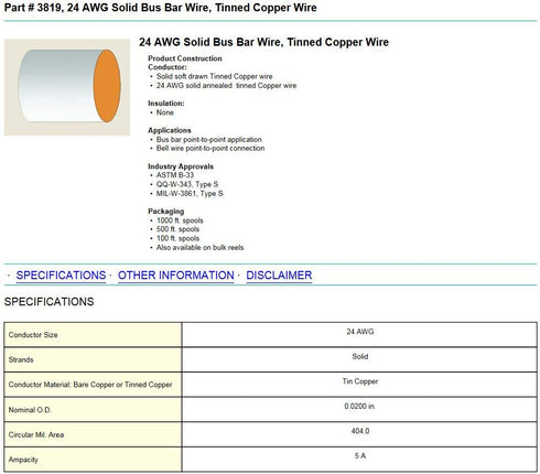 Jameco Valuepro Hook-up Wire, 24 AWG, Solid Tinned-Copper Bus Bar, 100' L, Silver